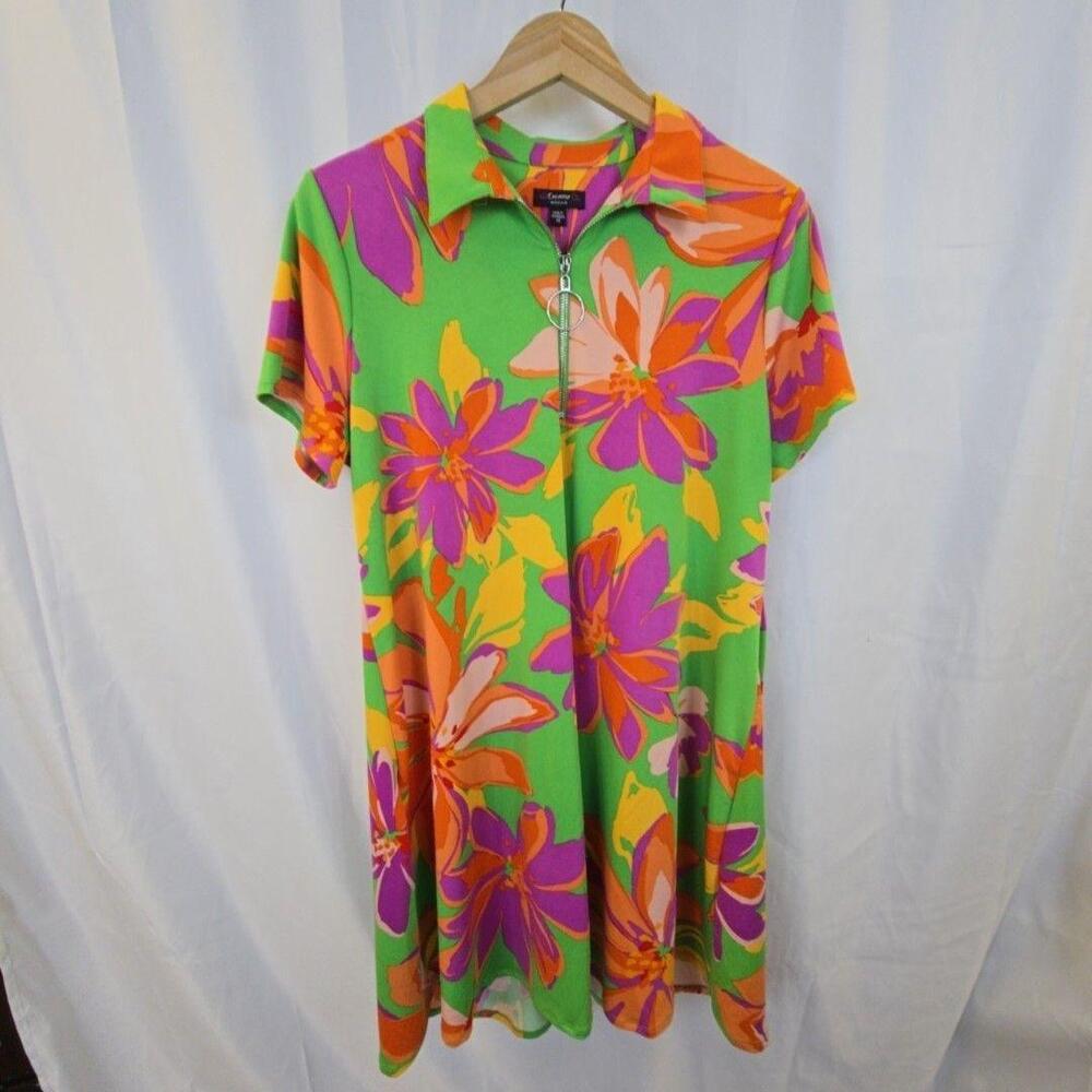 Cocomo Dress Womens 1X Multicolor Floral Zip Collar Short Sleeve Swing Knit